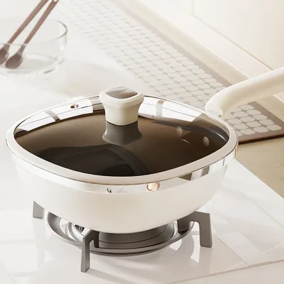 Large Capacity 24cm 30cm High Quality Titanium Deep Frying Pan Luxury Non-stick Square Fry Pan With Glass Lid