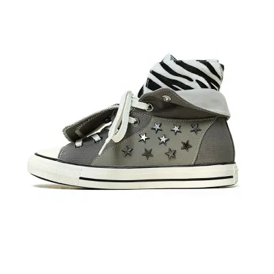Leopard-print Zebra-Striped Star-Patterned High-Top Canvas Shoes Breathable Design Rivets Double-Layered Upper Lightweight