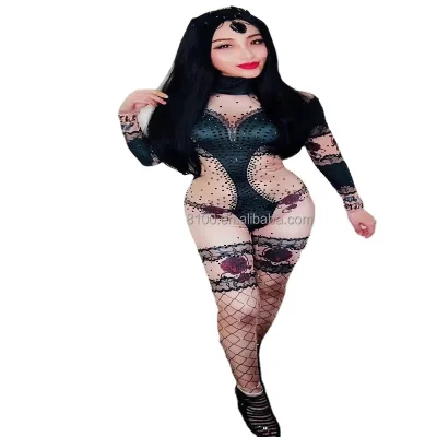 Cameo Rhinestone Rose Print Nightclub Singer Car Model Dance Tight Sexy DJ Long One-piece Stage Costume
