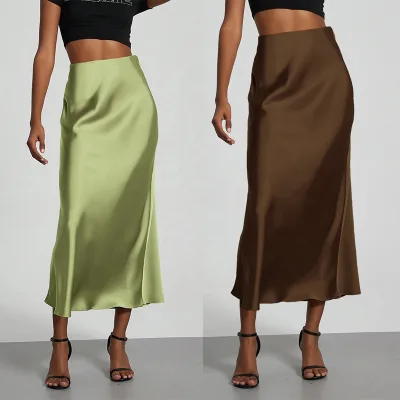 Womens Satin Long Fish Tail Skirts Silk Mermaid Party Wear High Waisted Flowy Wrap Dress Fishtail Skirt