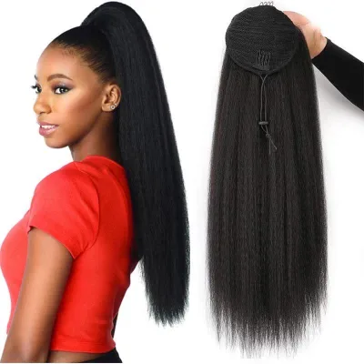 Wholesale 10A Grade drawstring ponytail kinky straight natural Color 100% Virgin Human Hair For black woman