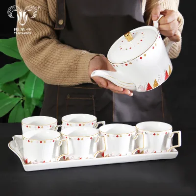White Simple Afternoon Porcelain English Tea Set with Tray and 6 Cup