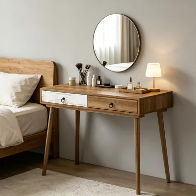 Two Tone Wooden Writing Desk Farmhouse Style 2 Drawer Console Table with Tapered Solid Wood Legs Home Office Computer Desk