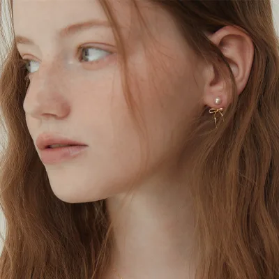 Pure Gold Plated Simple Style Pearl Bow Earrings a Variety of Ways to Wear