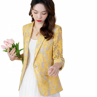 Women's Yellow Floral Lace Blazer Elegant Guipure Mesh Suit Jacket Slim Fit Full Sleeve Single Button Evening Party Outwear Chic