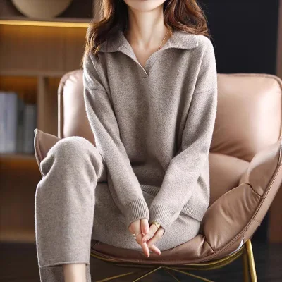 T26601 2026 Autumn Korean Style Fashion Loose Knitted Anti-Wrinkle Suit Casual Sweater Wide Leg Pants Two-piece Suit for Women