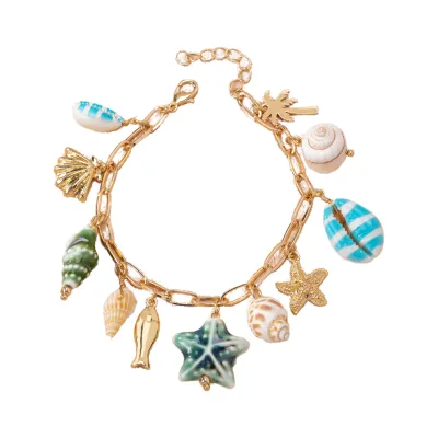 Summer Fashion Sea Themed Bracelet Shell Fish Starfish Charms Beach Style Vocation Jewelry for Women for Photoshoots Parties