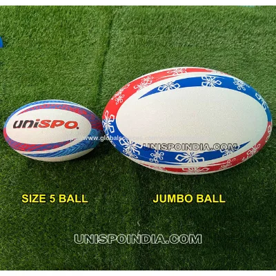 Jumbo sized Promotional Rugby balls made of syn rubber, fully hand sewn, fitted with bladder, 100% customisation.