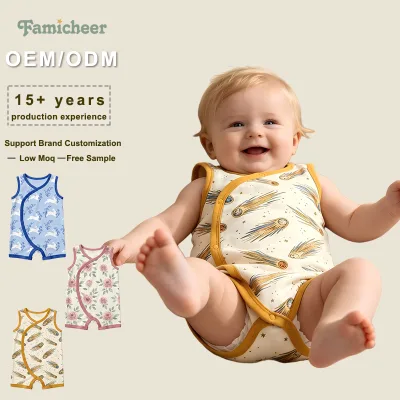 Sleeveless Side Snap Unisex Baby Wrap Romper Contrast Rib Binding Cross Front Printed Cute Onesie Ultra Soft Breathable Cotton