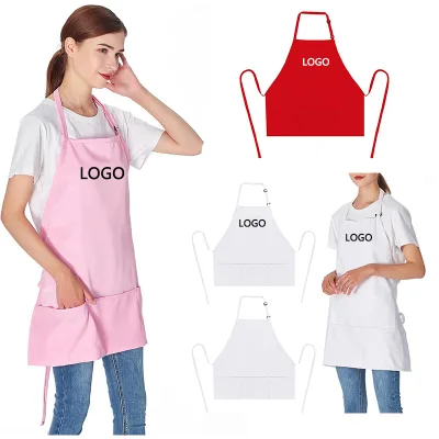 Custom Logo Wholesale Cheap Kitchen Dining Garden Painting With Pocket Adjustable Bib Waterproof Polyester Pink Red Apron