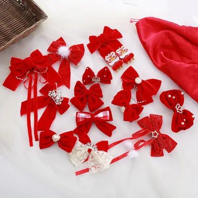 New Year Festival Hair Accessories Handmade Fabric Children's Crown Hairpin with Red Bow Top Clip Headwear Wholesale