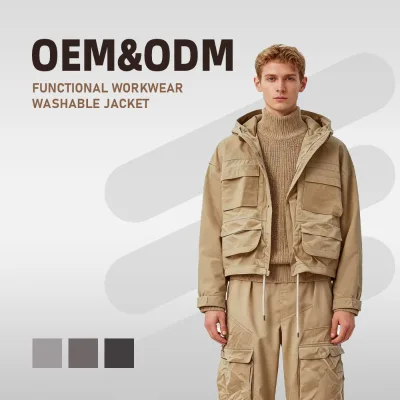 Men's Washing Hooded Canvas Jacket 100% Cotton Breathable Eco-Friendly Windproof Casual Coat
