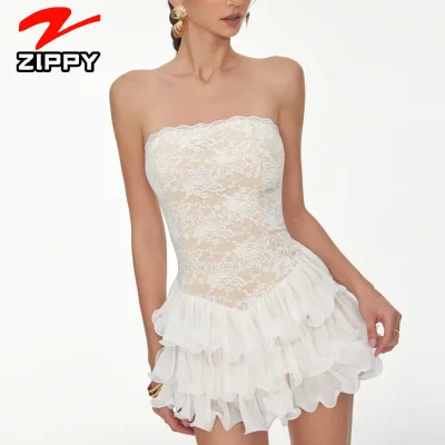 Customize Elegant Strapless Lace Bodycon Mini Dress Scalloped Edge Sheer Mesh Bodice Multi Layer Ruffled Vacation Cake Skirt