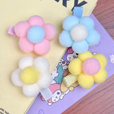 Cute Kids Pom Pom Hair Clip Macaron Duckbill Clip Five-Petal Flower Girl Side Clip Bangs Clip Flower Hairpin