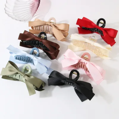 Women Simple Hair Accessories Plain Color Ribbon Bow Hair Claw Clip