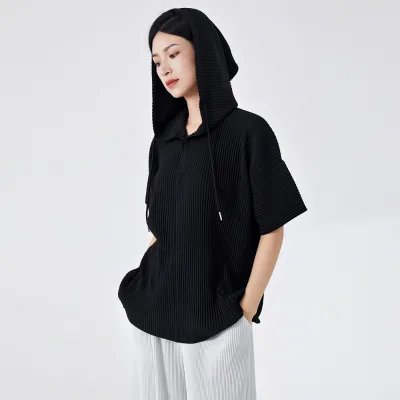High Quality Pleated Loose Hoodie Unisex Clothes Black Pullover Versatile Plus Size Tops for Women in Stock or OEM Custom