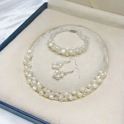 JOYFFO Exquisitely Hand-Woven Natural Freshwater Pearl Keel Chain Snake Chain Necklace Bracelet Earrings Set Fine Jewelry