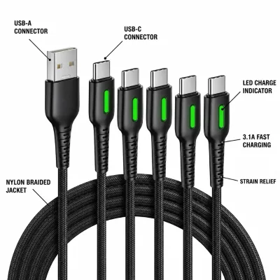Braided USB a to USB C Cable 5 Pack Fast Charging 3.1A Nylon Data Transfer Cord