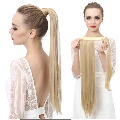 24 Inch Straight Wrap Around Ponytail Extension Synthetic Magic Tape Clip in Hairpiece for Women