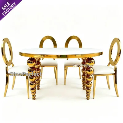Hotel Wedding Event Banquet Dining Furniture Stainless Steel Golden Frame White Top Wedding Table Event