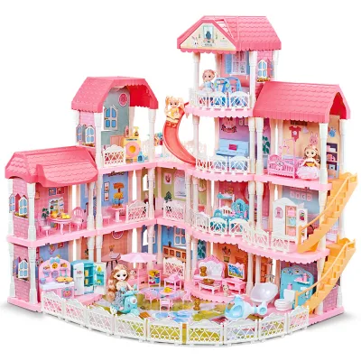 Doll House Princess Castle Miniature 4 Floor Playroom Assembled Girls Pretend Play Big Doll House Gifts for Kid