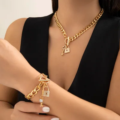 Hip Hop Cuban Lock Zircon Gem Charm Choker Necklace Bracket Snake Chain Jewelry Set