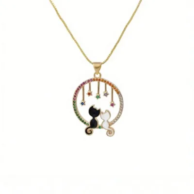 Star Cat Clavicle Chain Necklace for Girls 1pc Brass Micro-Inlaid Zircon Pendant Gift Jewelry