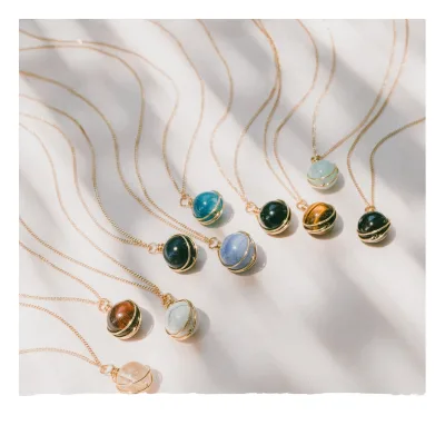 Handmade Stainless Steel Necklace Natural Stone Gemstone Pendant Trendy Wire Wrapped Planet Crystal Handcraft Chains
