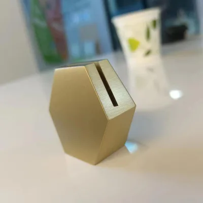 Solid Brass Hexagonal Card Holder - Heavy Duty Name Card Stand & Memo Clip for Executive Desk, Retail Shop & Art Gallery
