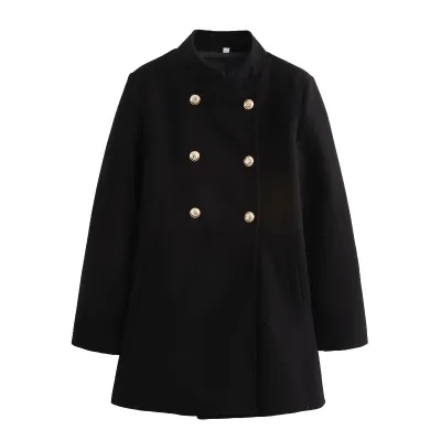 Women's New Fashion Casual Winter Jacket Long-Sleeved Joker Coat Stand Collar Button Decoration Made Wool Blends
