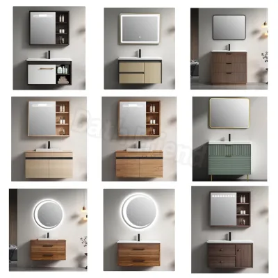Modern Light Luxury White Dark Wood Floating Hotel Bathroom Cabinet Unit LED Illuminated Vanity Mirror Open Side Storage