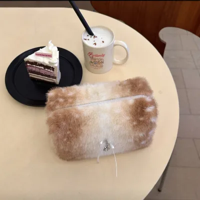 Custom Plush Makeup Bag Instagram Style Portable Large Capacity Storage Pouch Cute Fawn Pattern Cosmetic Bag