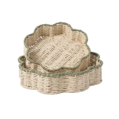 Handwoven Flower Shaped Paper Serving Tray Set Natural Seagrass Organizer Decorative Tray For Storage Display For Dining Table
