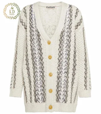 KD Custom Knit Sweater Manufacturer Vintage Glittering Cable Sequin- Embellished Wool Blend Women Cardigans Sweater