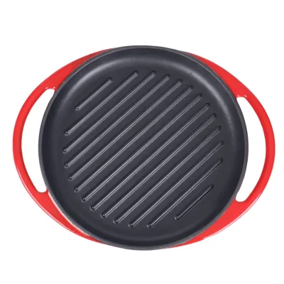 25.7CM Round Cast Iron Grill Press Kitchenware Grill Pan with Two Widen Handle for Kitchen