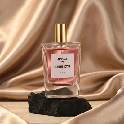 Wholesale Flat Square Wedge-shaped Glass Perfume Bottle with Pump Cap Clear Design Gold/Silver/Alumina Finish Screen Printed