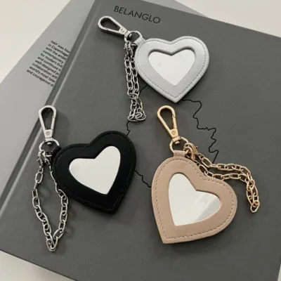 New Gift Handbag Charm Pendant Silver PU Leather Mirror Case Pouch with Leather Keychain Portable Hanging Charm Mirror Cover