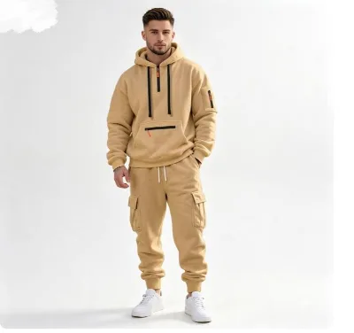 Men's Fashion Solid Color Half Zip Hoodie Cargo Jogger Pants Two Piece Tracksuit Multi Pocket Fleece Casual Streetwear Outfit
