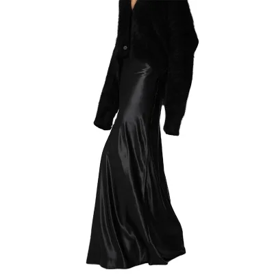 Women 100%silk Skirt Black Mid Weight Satiny Fabric Slim Fit Maxi Length A-line Silhouette Silk Satin Skirt