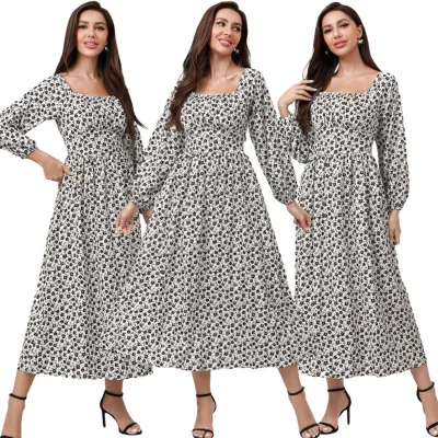Elegant Muslim Women Dress Party Abaya Long Sleeve Floral Maxi Dress Islamic Clothing Dubai Robe Jilbab