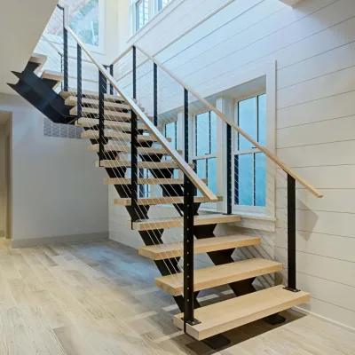 Premium Quality Staircase Custom Galvanized Double Stringer Stairs with Cable Railing & Wooden Steps for Home
