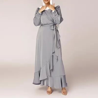 2023 Autumn Fashion Solid Color Casual Irregular Lace up Long Sleeved Elegant Ruffle Abaya Square Loose Elegant Muslim Dress