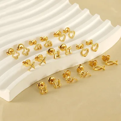 Wholesale Classic 18K Gold Plated Stainless Steel Cute Flowers Aircraft Heart Geometry Stud Earrings for Women Fashion Jewelry