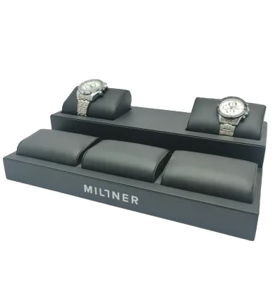 Customized Two-tier Black PU Leather Watch Display Stand, Counter-style Watch Display Stand