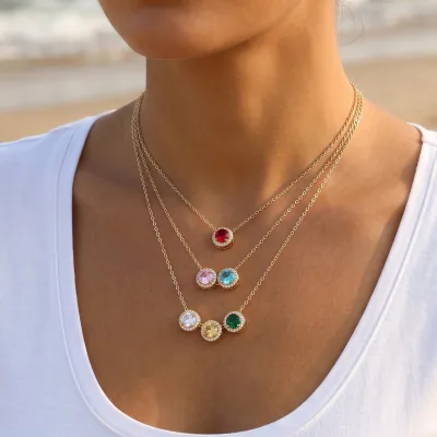 December Birthstone Round Pendant Blue Zircon Halo Crystal Gold Plated Faceted Birth Stone Charm Jewelry Birthday Gift for Her