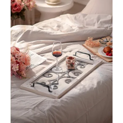 Farmhouse Style Rectangle Tray Home Hotel Restaurant Living Room Decor Wood Frame Trays with Glass and Metal Handle
