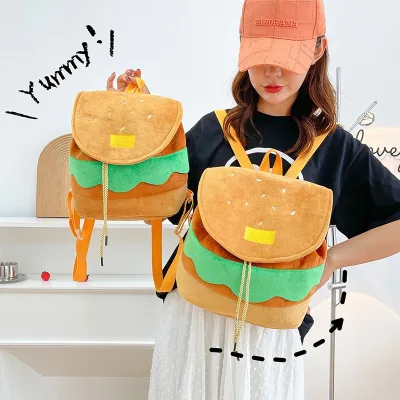 New Style Hamburger Plush Backpack Cute Cartoon Design Small Size Large Capacity Suitable Campus Use Wholesale Unisex Heart