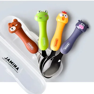 Cartoon Kids Tableware Set Feeding Stainless Steel Baby Spoon with Silicon and Silica Gel PP Material