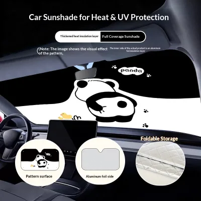 Original Aluminum Foil Cartoon Cute Panda Car Front Sunshade with Suction Cup Type for Sun Protection Heat Insulation
