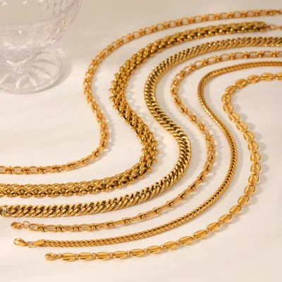 European INS 18K Gold Plated Stainless Steel Beaded Handmade Choker Cuban Chain Necklace